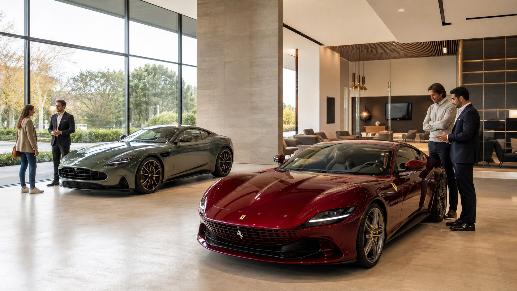 Customers and sales advisers in a bright premium showroom with a Ferrari Roma and Aston Martin DB12